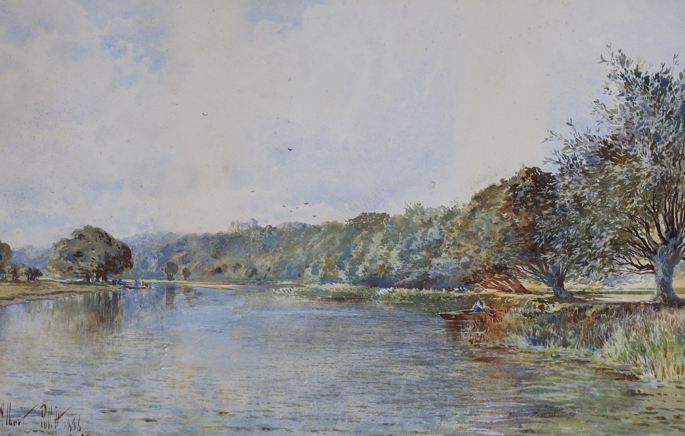 Albert Pollitt (1856-1926), watercolour, 'Prudhoe Castle in the Tyne', signed and dated 1886, 28 x 44cm